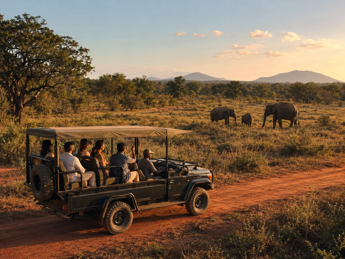 Private safari jeep overlooking elephants in Sri Lanka